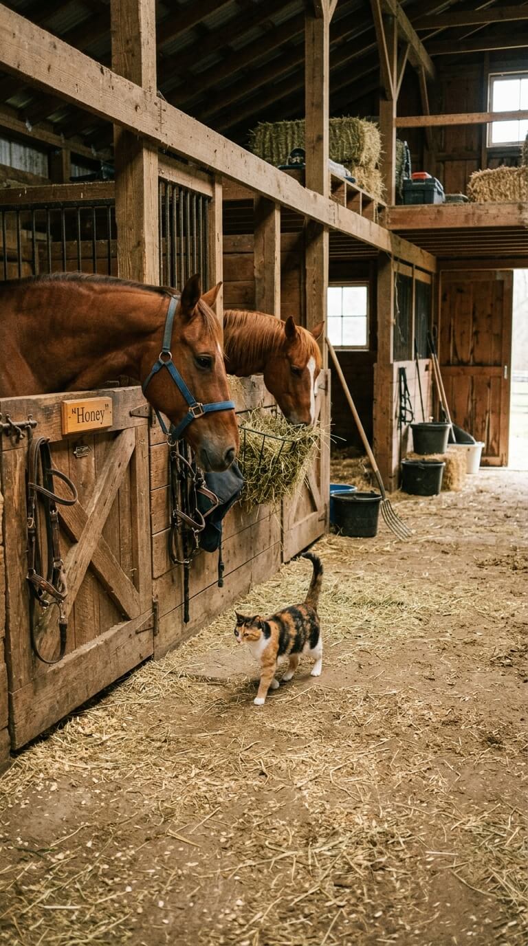 Two chestnut horses eating hay from a wall-mounted hay net inside a rustic wooden barn, with a calico cat walking through the aisle below them.