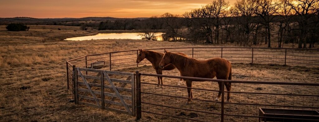 Two chestnut horses standing in a round pen at sunset, with a pond and bare winter trees visible across the golden pasture behind them.